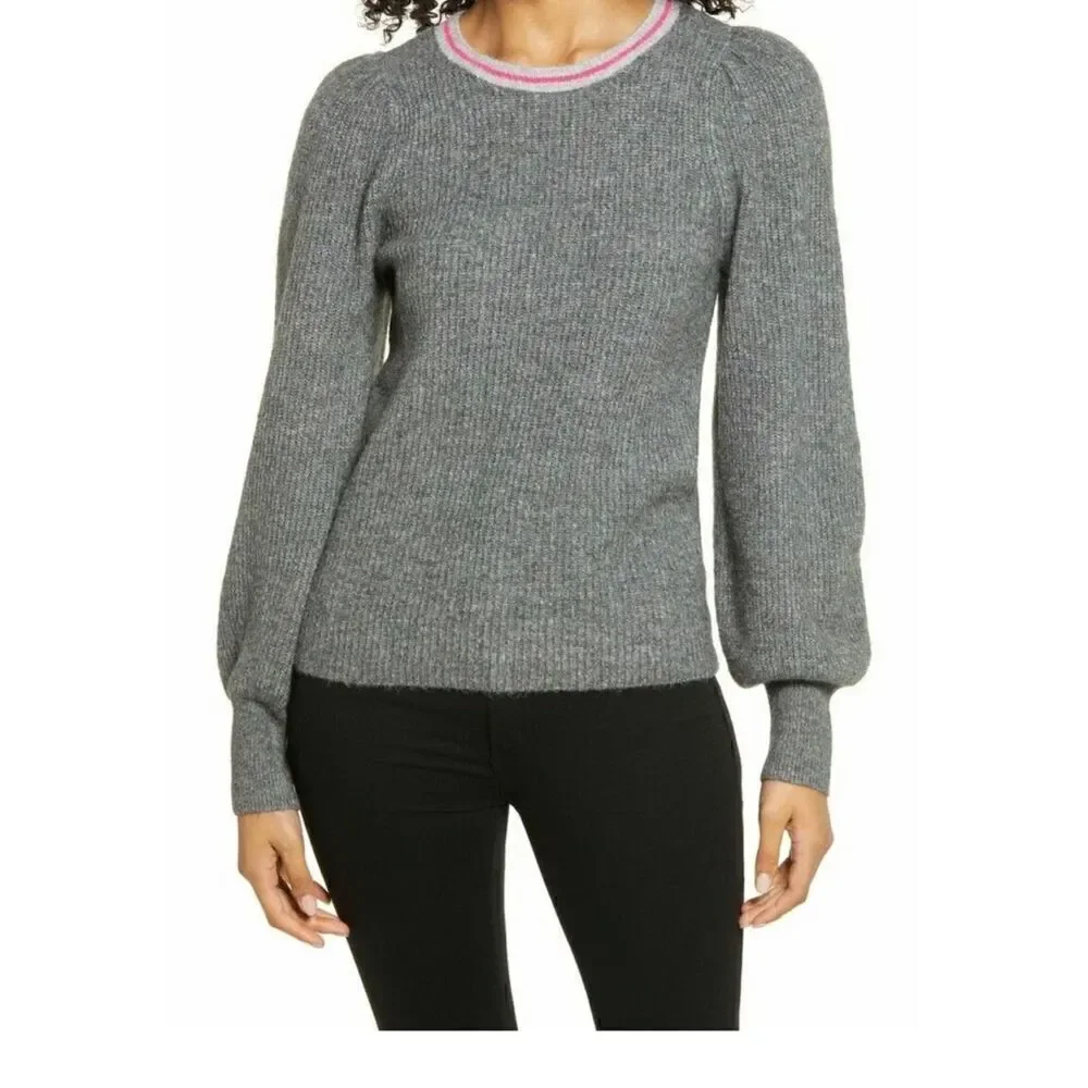 Halogen Blouson Sweater Grey Heather Stripe Neck Crew Neck Pullover XL